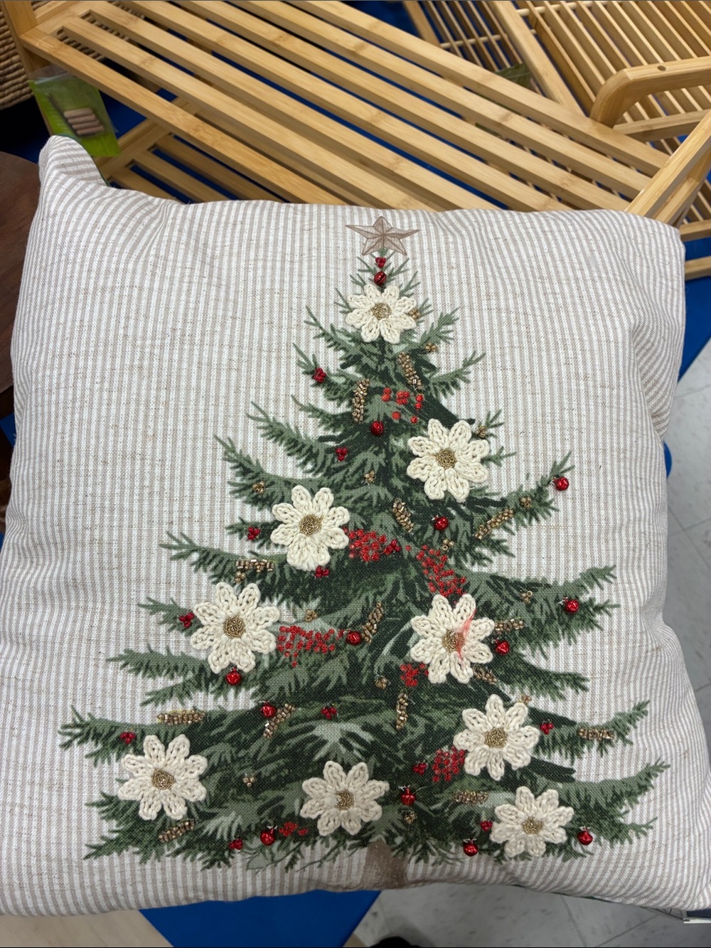 Embroidered Christmas Tree Accent Pillow - Neutral/Green